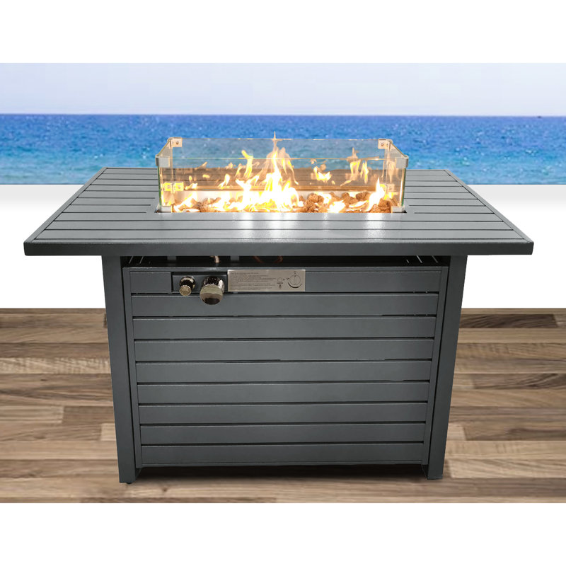 11''h X 42''l Fire Table - Accommodates 20 Lb Gas Tank, Modern Style Steel Pit With Lid 50000 , Gray