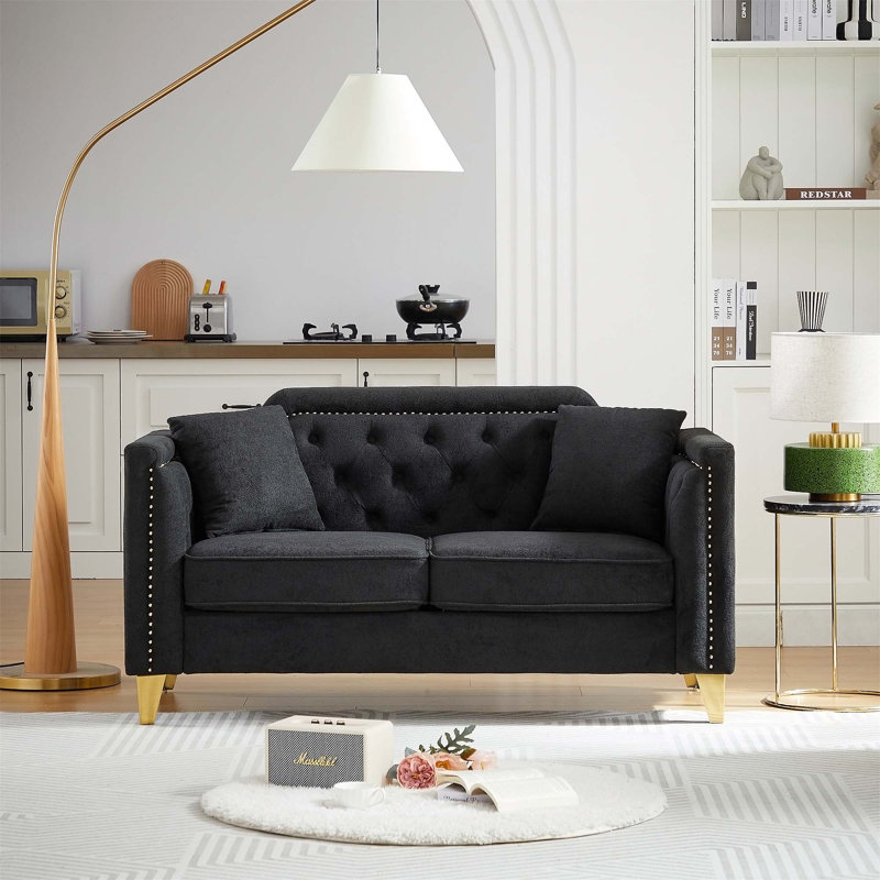 " mid-century modern chenille sofa | tufted buttons & copper nail armrest | 2 pillows | metal legs | stylish living room couch