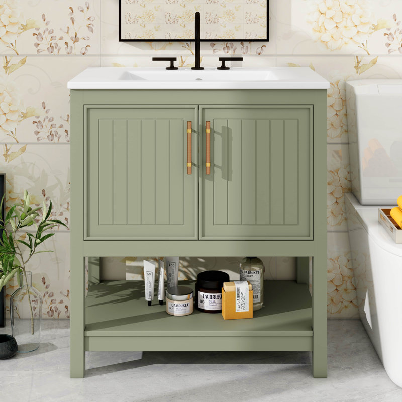 Meuble-lavabo de 30 pouces avec lavabo en céramique et rangement polyvalent, Vert