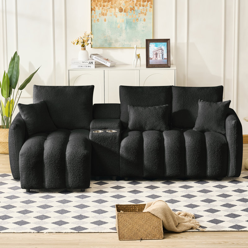 91,7 po moderne avec console, porte-gobelet, tissu noir pour support de salon et rangement,
