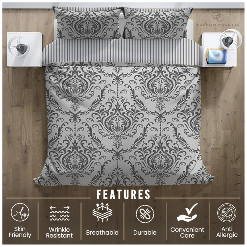 Polycotton Damask Duvet Cover Set with Matching Pillowcases - Soft Yarn Bedding, Double, Charcoal