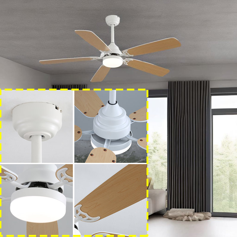 Kayllie 52'' Ceiling Fan with LED Lights,  Yellow Wood, White