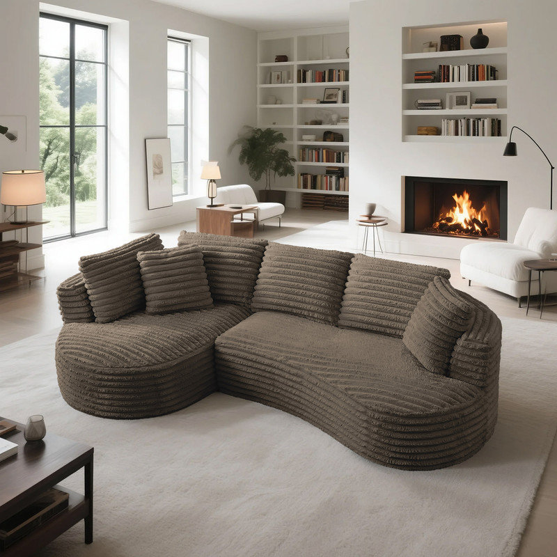 Boneless Modern Oversized Curved Modular L-Shaped Sectional Sofa, Left Hand Facing, Dark Brown Corduroy
