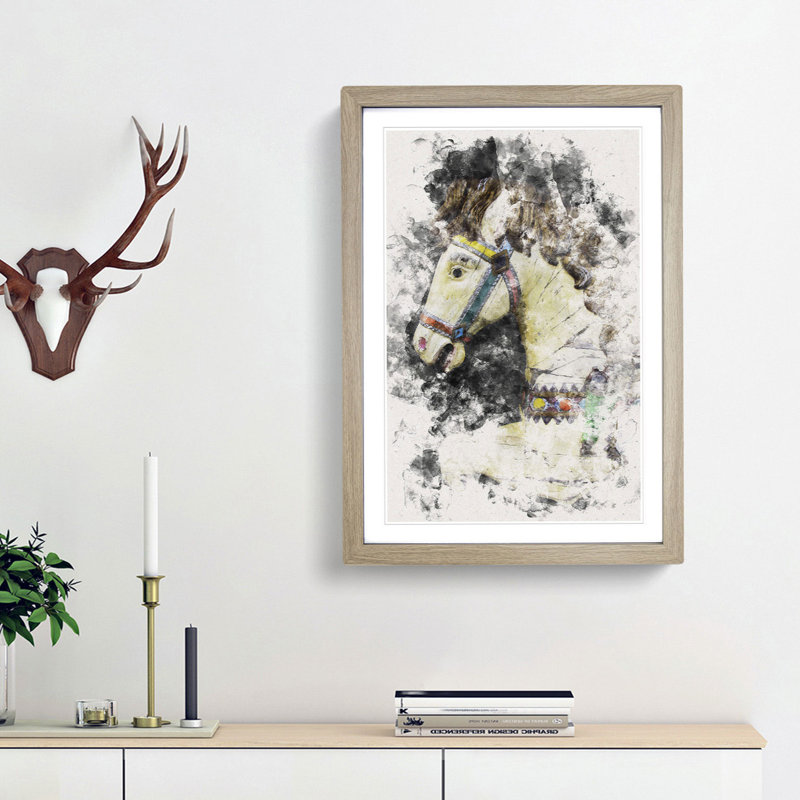 Vintage Rocking Horse - Picture Frame Painting Print, 87cm H x 62cm W x 2cm D, Oak Framed