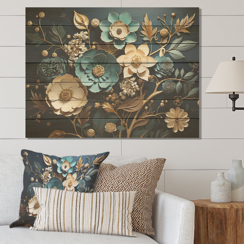 Bleu et or, charmante fleur de printemps élégante I - Fleurs sur bois, H 24 po x l 32 po x P 0,78 po