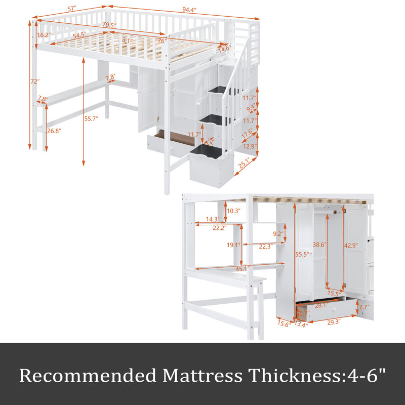 Lit mezzanine double avec tiroirs Kahlie Kids, Blanc