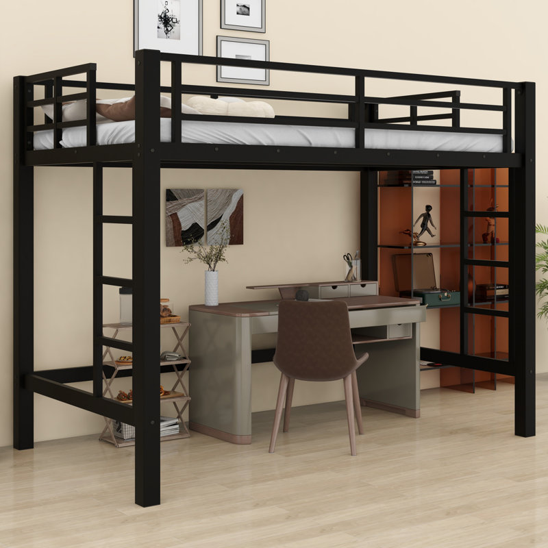 Sturdy Metal Loft Bed, Featuring A Easy  Climbing Ladder And Safety Guardrails, Twin