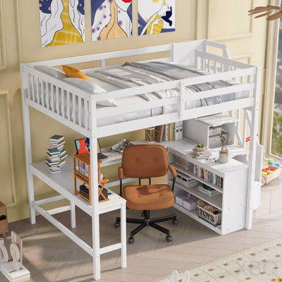 Full Size Loft Bed With Built-In L-Shaped Desk And Three-Tier Storage Shelves,And Attached Storage Staircase, White