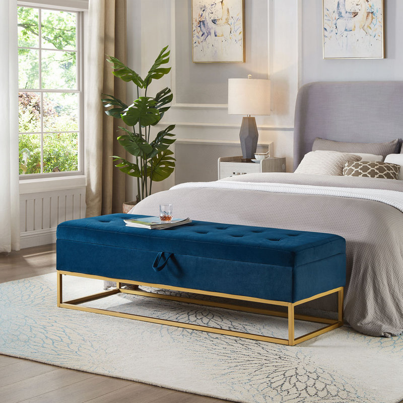 Banc de lit capitonné 58,6 po avec rangement, Navy Blue