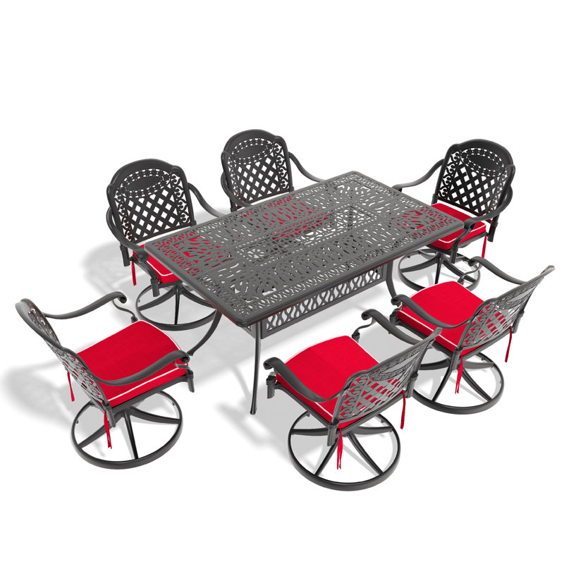 Ensemble de salle à manger 7 pièces en fonte d'aluminium toutes saisons, comprenant 6 chaises pivotantes et une table rectangulaire avec cadre noir pour l'extérieur