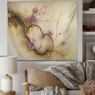 Tapisserie en polyester rose et prune cerisier en fleurs avec des punaises