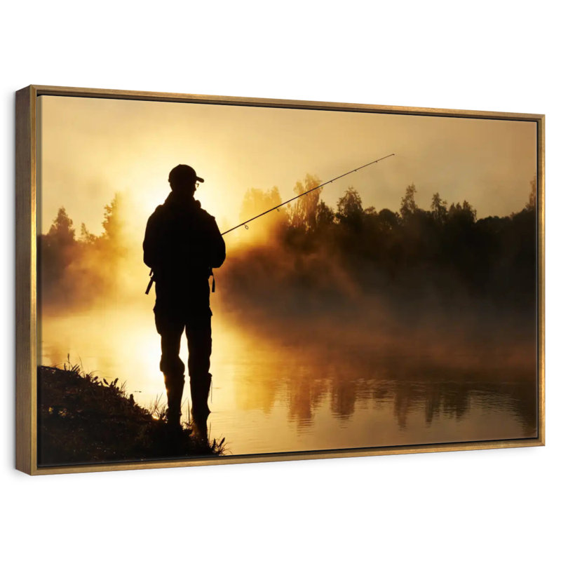Pêche sur une berge brumeuse, Cadre flottant doré, 25 po x 17 po