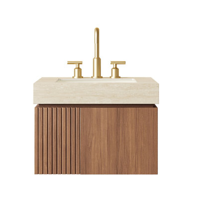 Meuble-lavabo de 24 po avec lavabo, armoire de rangement flottante en contreplaqué avec 2 portes, comptoir en pierre frittée Roma Travertine et lavabo en céramique avec 3 trous de robinet pré-percés, pré-assemblé