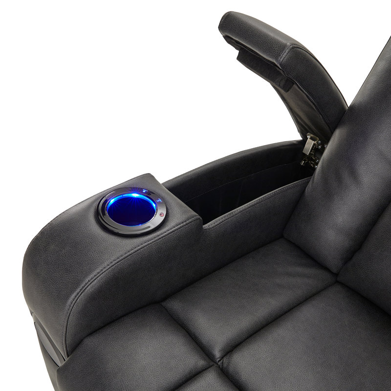 Sharaya Grey Vegan Leather LED Power Recliner With Speaker, Storage, USB And Wireless Charger