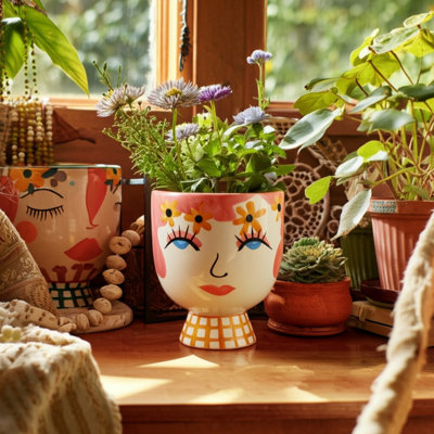 Planter Ceramic and Stoneware Boho Face Design with Floral Accents 7" Pink Indoor Outdoor Decorative Pot for Home or Garden Display Winston Porter