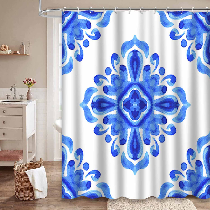 Rideau de douche à motif abstrait damassé à motif floral avec 12 crochets Arabesque, L 72 po x l 78 po