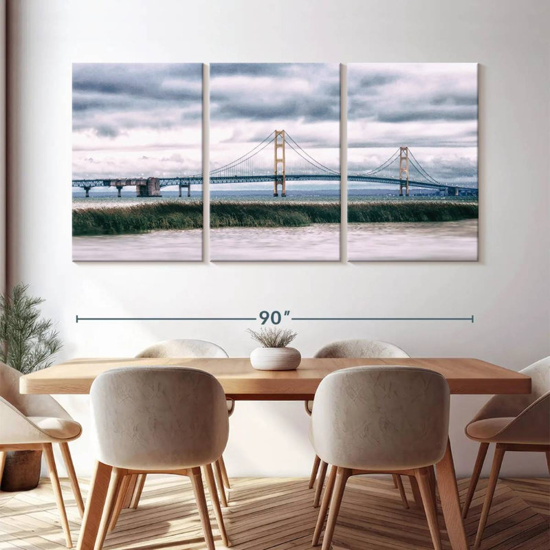" Panoramic Mackinac Bridge " 3 - Pieces, 45" H x 92" W x 1.25" D