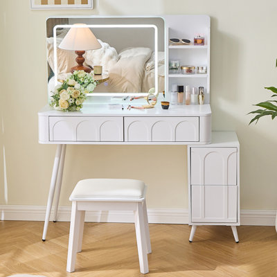 Meuble-lavabo moderne avec lumières DEL et miroir, ensemble de coiffeuse 4 tiroirs avec tabouret, luminosité à intensité variable de 3 couleurs, peu encombrant pour la chambre à coucher