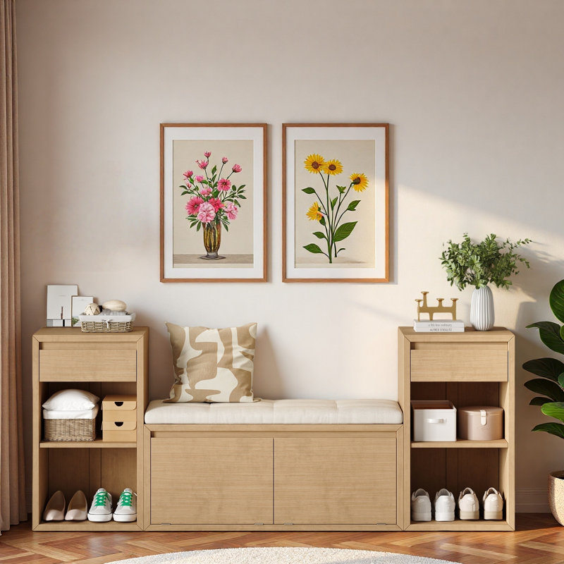 Banc de rangement avec coussin, compartiments, tiroirs et tablettes ouvertes, Naturel