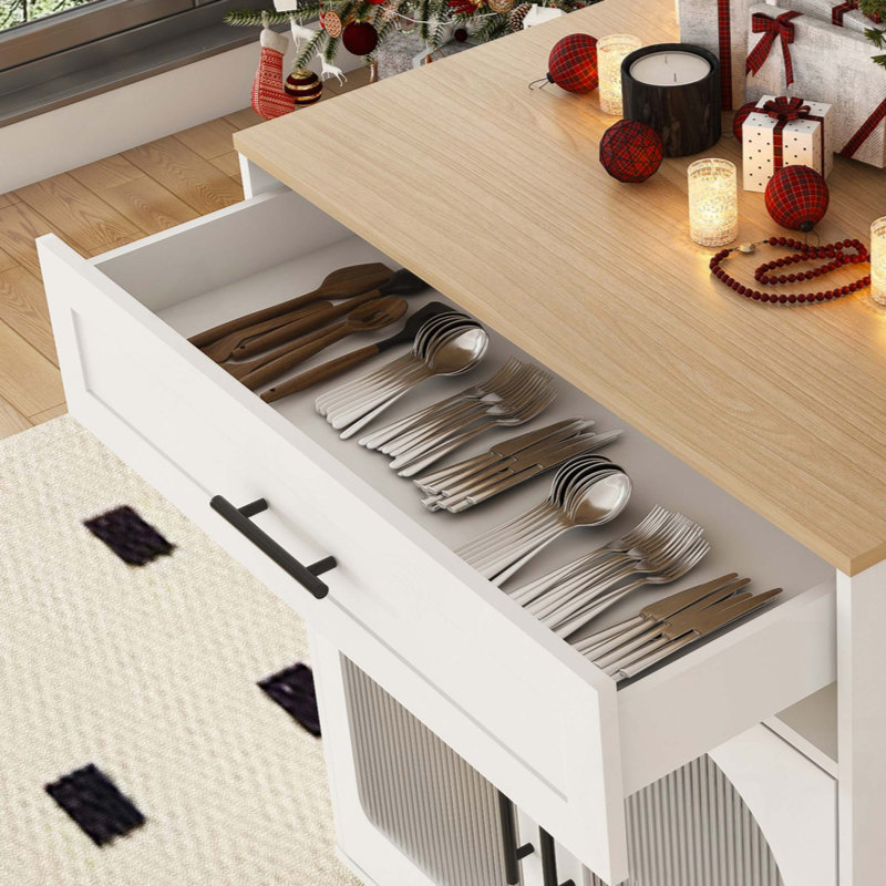 80-Inch Expandable Kitchen Island With Dining Table, Solid Wood Grain Countertop With Power Outlet, Mobile Storage Cart With Cabinet & 2 Drawers, Kitchen Prep Table(White)