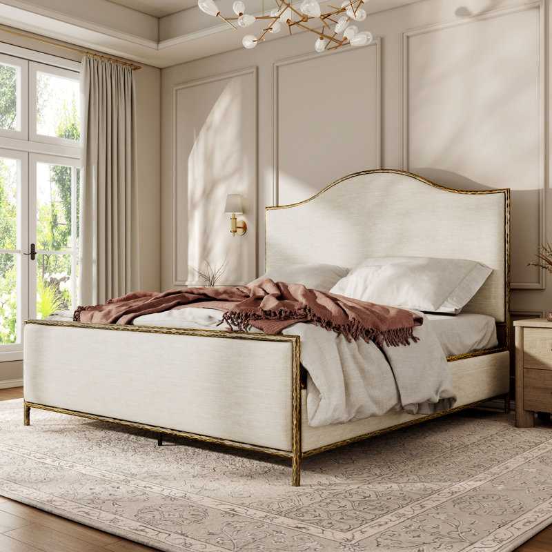 Lalia Modern Upholstered Hammered Metal Camelback Bed, Matte Gold, King