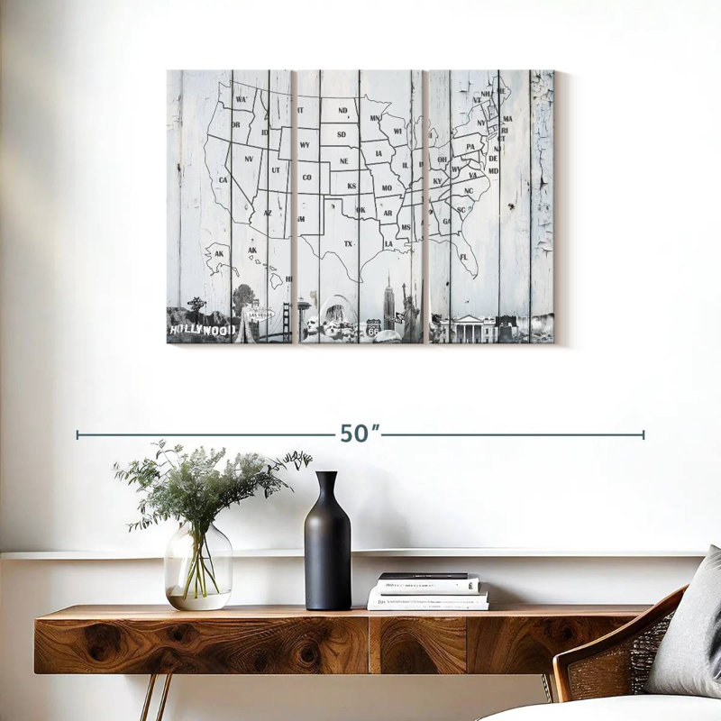 Carte des États-Unis en bois blanc, carte des États-Unis sur toile, 3 pièces, H 38 po x l 24 po x P 1 po