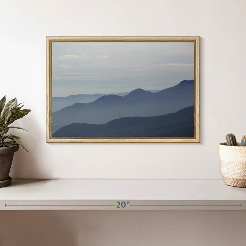 Foggy Mountain Range, Floating Frame Natural Wood, 13" X 9"