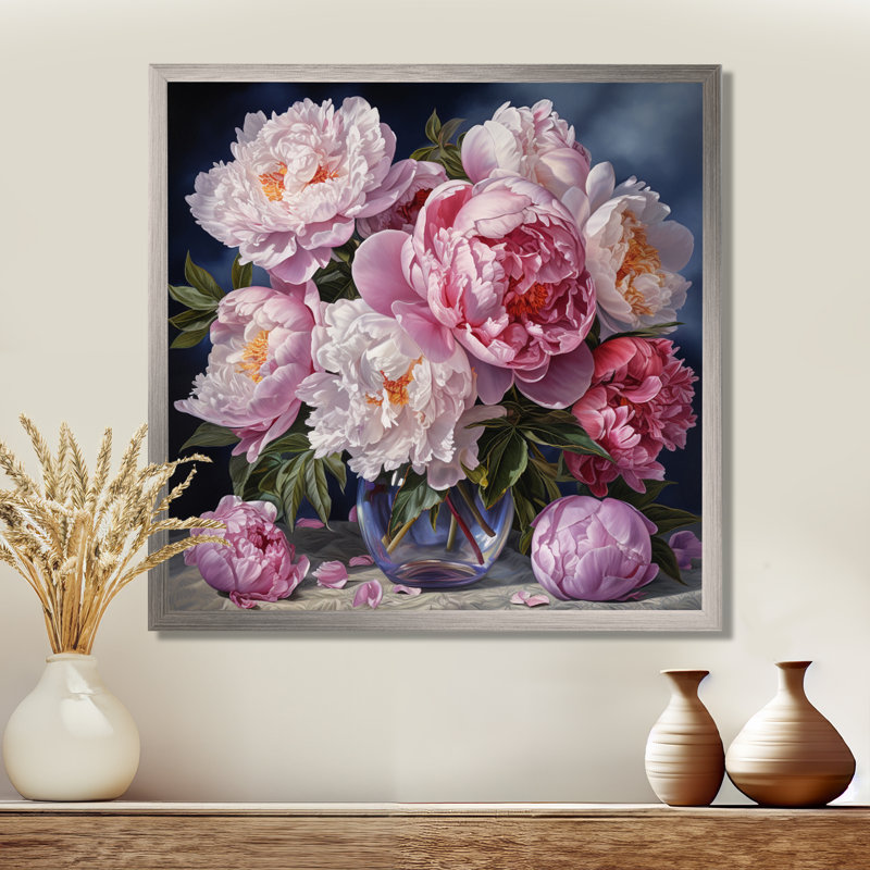 Pink Peonies Bouquet Still Life, 36" H x 36" W, Silver Picture Framed