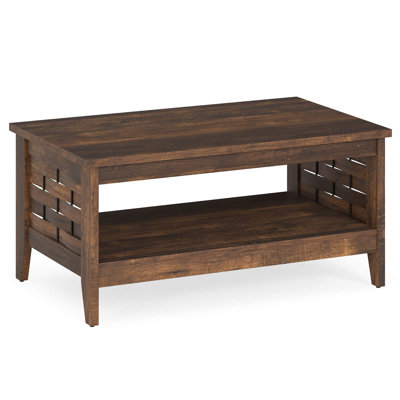 39.5” 2-Tier Coffee Table with Open Shelf Woven Decorations Storage for Living Room Brown