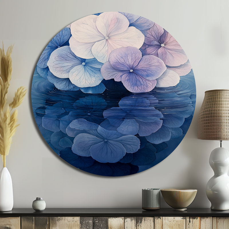 Hydrangea Ripple Effect - Hydrangea, décoration murale ronde en métal, impression d'art en métal blanc traditionnel