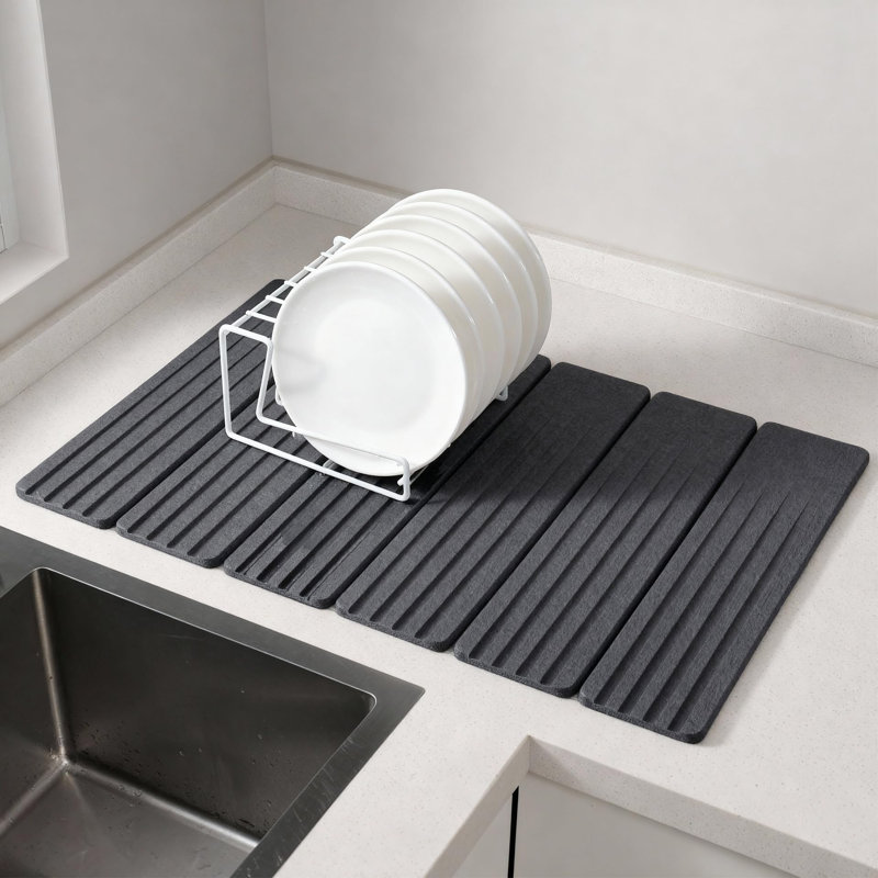 Stone Drying Mat for Kitchen Counter, Foldable Quick Dry Stone Dishes Mats, Water Absorbing Diatomaceous Earth Pad for Countertop Bottles Utensils Cups, 23.6" x 15.4", Grey