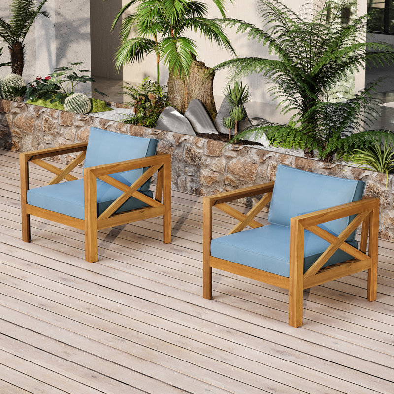Fauteuil club d'extérieur en bois avec coussins bleus, conversation, chaise ergonomique confortable et confortable de 4 pièces, idéale pour les patios et les jardins, finition, assemblage facile