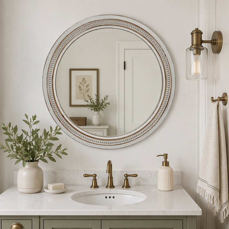 Miroir mural rétro vintage, cadre décoratif blanc patiné 27,56 po