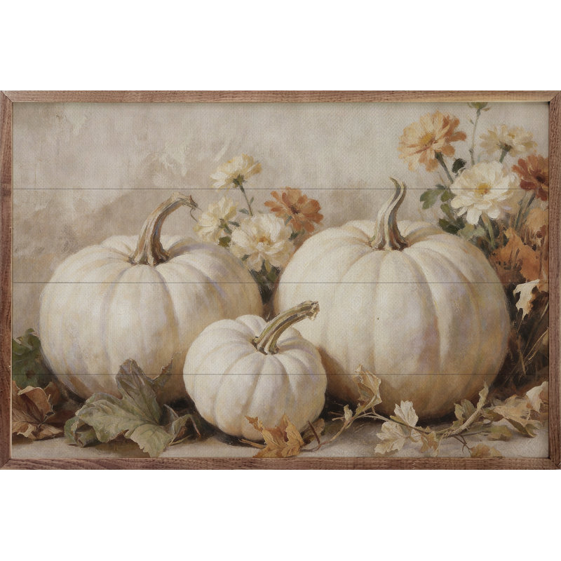 Citrouilles blanches avec fleurs d'automne, H 16 po x l 24 po