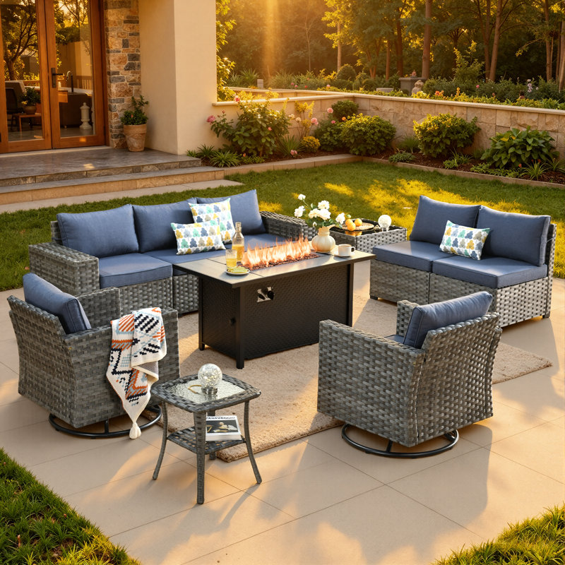 Bobia Wicker 7 - Person Modular Patio Conversation Set with Cushions, Blue