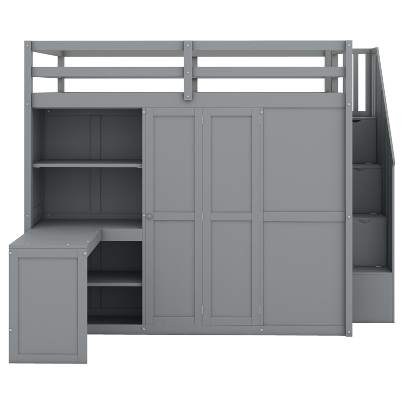 Lit mezzanine avec garde-robe, bureau et tablettes, Gris