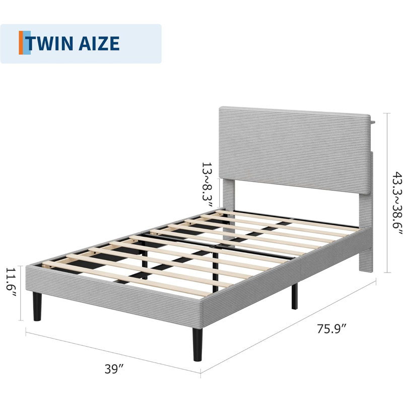 Upholstered Platform Bed Frame with USB Charging Station, Adjustable Storage Headboard, Wooden Slats Support, No Box Spring Needed