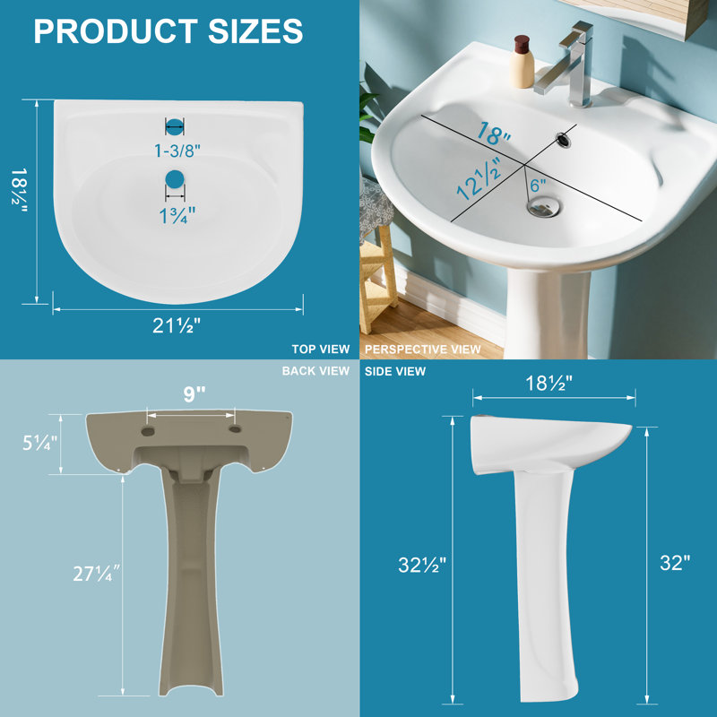 21" W x 19" D Pedestal Sink for Bathrooms U-Shaped Vitreous China, 1 Faucet Hole & Overflow, White, White