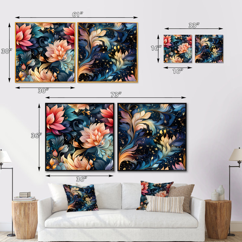 Stehouse - Ensemble de 2 collages floraux et botaniques carrés, Cadre flottant doré, H 30 po x l 61 po