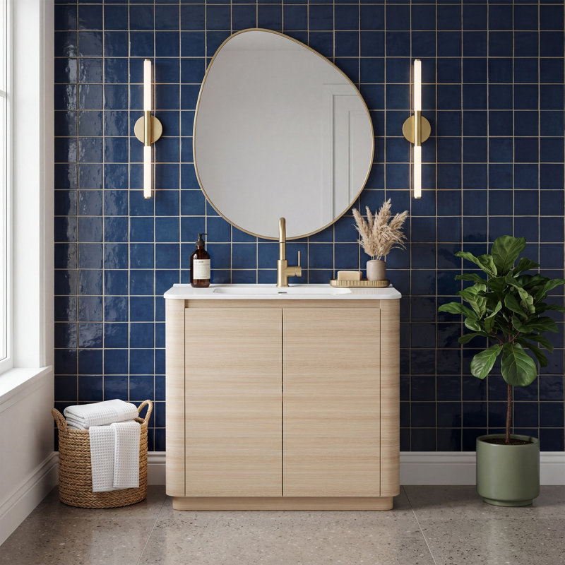 Meuble-lavabo sur pied 36 po avec lavabo en céramique, coins arrondis et conception sans poignée, 36"