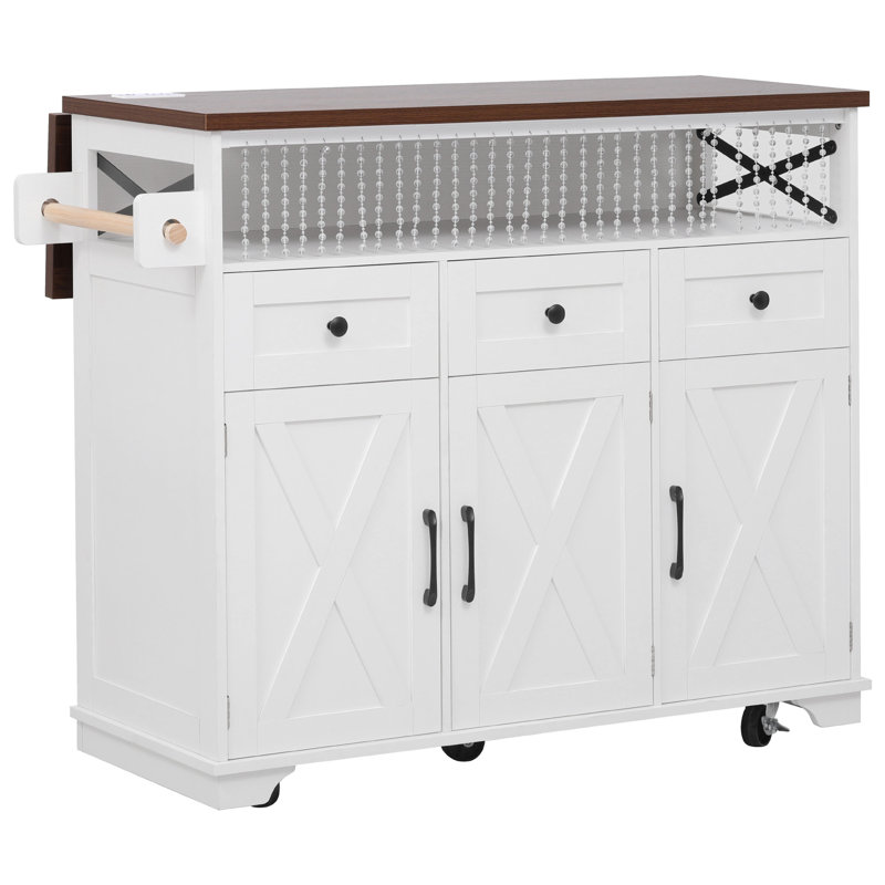 Îlot de cuisine de ferme avec drapé de perles - Chariot de cuisine sur roulettes, 3 portes et 3 tiroirs, abattant et prise de courant