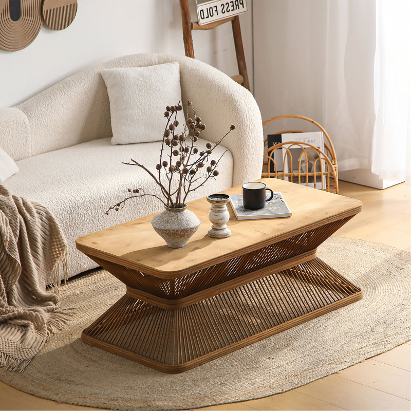 Table basse de style Mid-Century moderne, table d'appoint rectangulaire en bois 43,3 po avec base en bambou tissé - Table basse rustique Boho