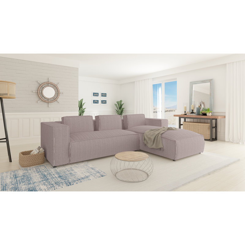 Modern L-Shape Corner Sofa  Made of Cord with Soft Seat, Powder Pink, Right Hand Facing