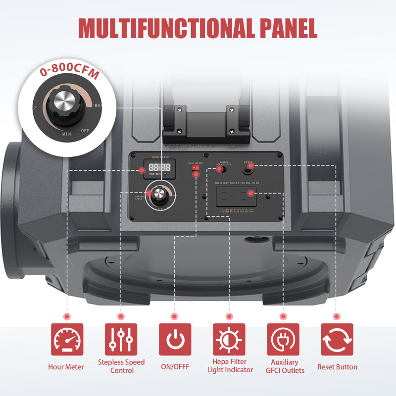 800Cfm Hepa Air Scrubber With 4-Stage Filtration For Heavy Duty, Gray