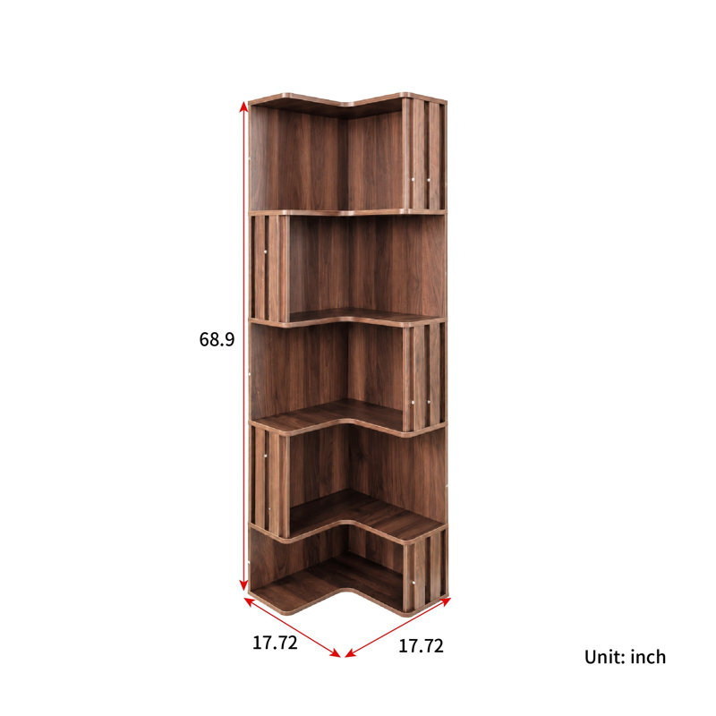 Bibliothèque d'angle à 5 niveaux, H 68,9 po x l 17,72 po x P 17,72 po, Noyer