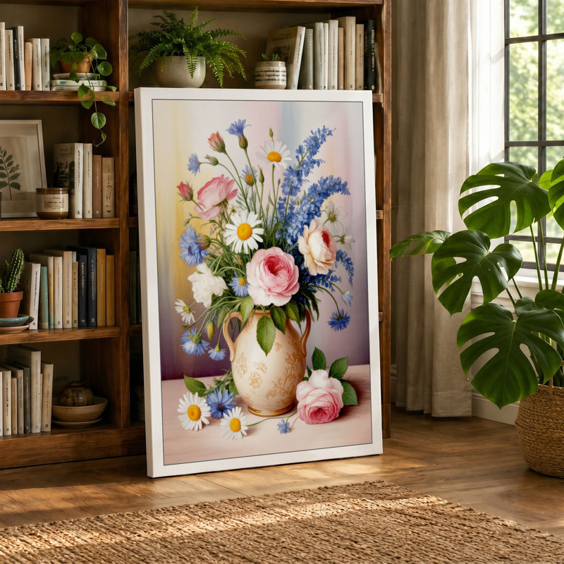 Peaceful Floral Abundance Botanical - Wrapped Canvas, 36x24 - 91.4 x 61.0 cm, Terracotta Border