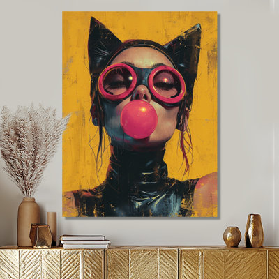 Femme chat avec gomme à bulles rose - mode femme, art mural