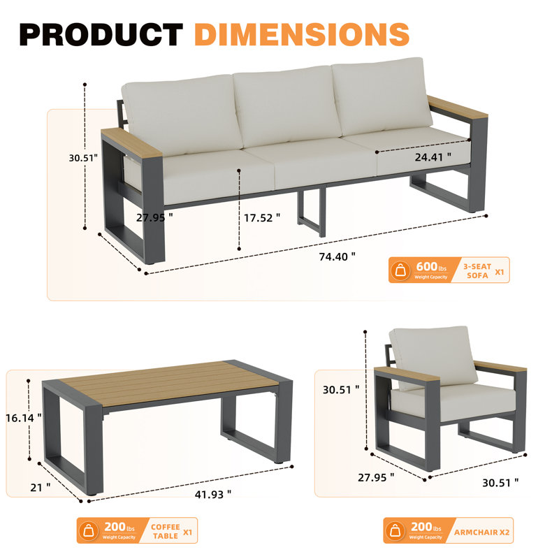 Ensemble de conversation extérieur 4 pièces, ensemble de mobilier de patio avec structure en aluminium comprenant un canapé 3 places, 2 fauteuils et une table basse, accoudoirs et plateau de table en plastique imitation bois, coussins ergonomiques de 12,7 cm d'épaisseur
