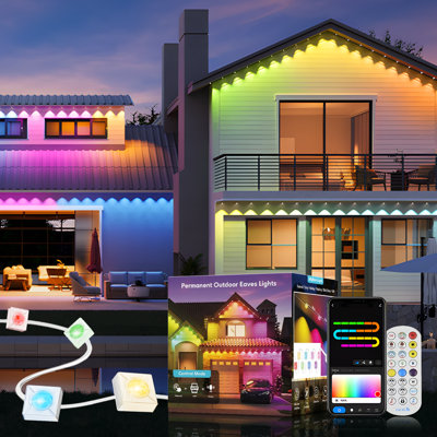 Lumières fixes pour l'extérieur avec application intelligente et télécommande, lumières DEL imperméables RVB à changement de couleur pour patio, toit et décor des Fêtes