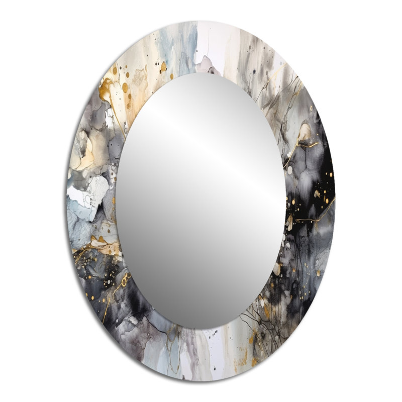 Grey Gold Delicate Abstract Brushstrokes II - Large Oval Wall Mirror On Metal, 40" x 30"